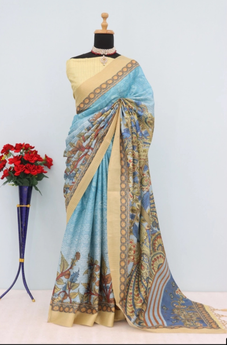 Mysore Silk Digital Print Saree With Unstitched Blouse 5.5Mtr (Sky Blue)